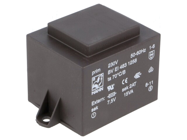 Transformator: ingegoten; 15VA; 230VAC; 7,5V; 2A; PCB; BVEI Transformator: ingegoten; 15VA; 230VAC; 7,5V; 2A; PCB; BVEI